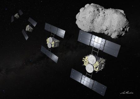 小惑星トリフネに接近してフライバイ探査をする、はやぶさ２のイメージ（池下章裕氏作成、ＪＡＸＡ提供）