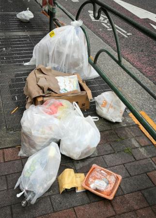 路上に放置された使い捨て容器などのプラスチックごみ＝２０２３年５月、東京都港区