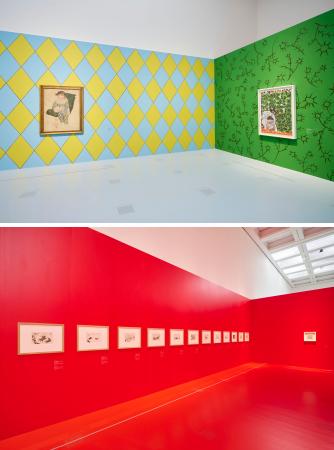 　「アルルカンに扮したパウロ」（左の絵）と同じひし形模様を壁にデザインした部屋（上）、赤い壁に並べたピカソの闘牛の絵画（撮影：小野正博〈ｆｏｒｔ〉）（提供写真）