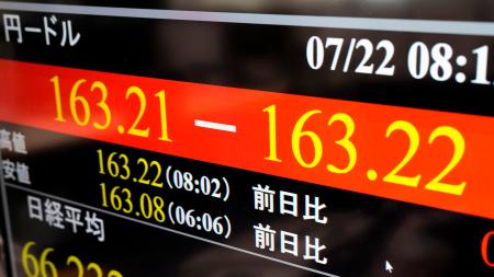 一時１ドル＝１６３円台を付けた円相場を示すモニター＝２２日午前、東京・東新橋