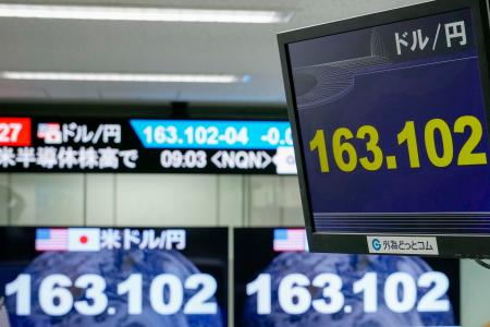 １ドル＝１６３円台を付けた円相場を示すモニター＝２２日午前、東京都港区の外為どっとコム