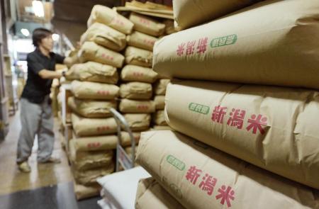 倉庫に積み上げられた米袋=6月、愛知県岡崎市