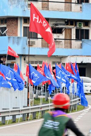 路上に掲げられた希望連盟（ＰＨ）の赤と、国民戦線（ＢＮ）の青の旗＝７月、マレーシア・ヌグリスンビラン州（共同）