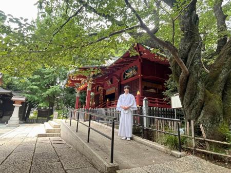 　金王八幡宮の社殿と金王桜（右）＝東京都渋谷区