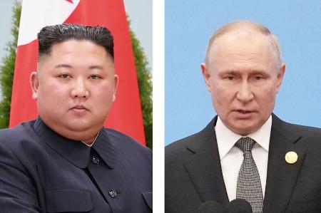 北朝鮮の金正恩朝鮮労働党総書記（朝鮮通信＝共同）、ロシアのプーチン大統領