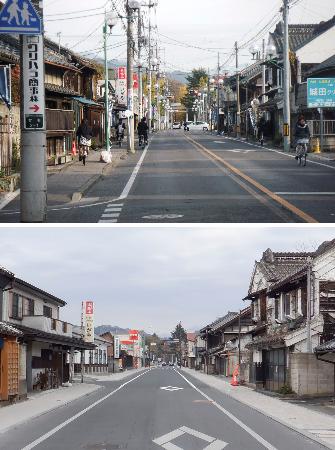 群馬県桐生市の電柱撤去前の街並み（上・２０１２年１１月）と撤去後の街並み（２０２５年１月）（同県提供）