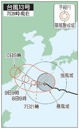 台風13号の予想進路(7日9時現在)