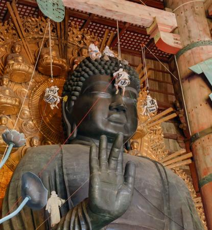奈良・東大寺で行われた大仏にたまったほこりを払う「お身拭い」＝７日午前