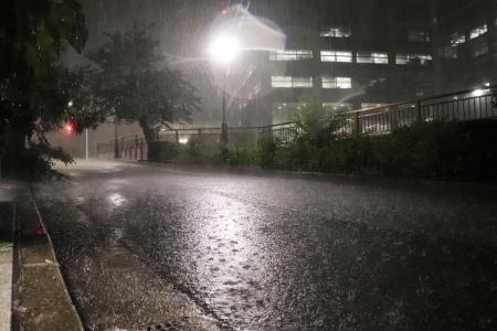 千葉県庁（奥）付近に降る雨＝１３日午後７時５分、千葉市中央区