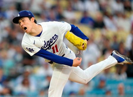 ブルワーズ戦に先発したドジャース・佐々木朗。6回2失点で勝敗は付かなかった=ロサンゼルス(AP=共同)