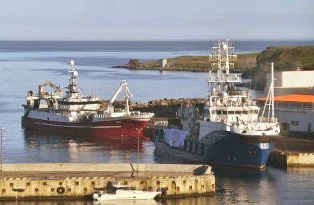 択捉島の岸壁に停泊する沿岸警備艇（右）。ロシアのプーチン大統領が島に入る際に、ミサイル巡洋艦「ワリャク」から乗り換えた＝１３日（島民提供・共同）