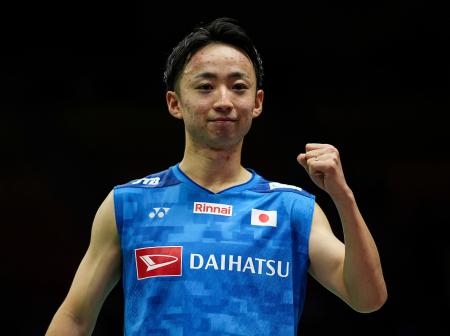 男子シングルス1回戦で中国選手に勝利した田中湧士=ニューデリー(ゲッティ=共同)