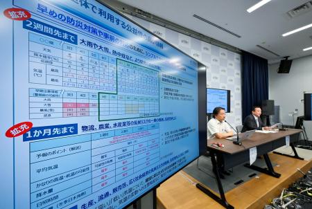 専門家検討会でまとまった中長期の天気予報の拡充方針を説明するモニター＝２１日午後、気象庁