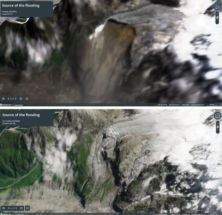 衛星画像が捉えた、氷河が大規模に崩壊し、土壌がむき出しになっている様子。下は崩落前（Ｐｌａｎｅｔ　Ｌａｂｓ　ＰＢＣ，東京大学大学院　渡辺英徳研究室提供）