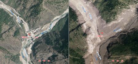 中国自然資源省が公開した土石流で被害を受けたチベット自治区シガツェ市ギロンの国境検問所周辺の比較写真。左が災害前、右は災害後に撮影された(同省提供、共同)