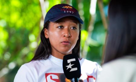 全米オープンテニスの開幕を前に、記者会見する女子シングルスの大坂なおみ＝２９日、ニューヨーク（ゲッティ＝共同）