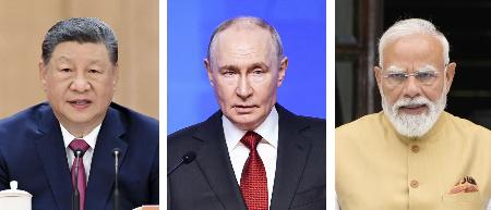 左から中国の習近平国家主席（新華社＝共同）、ロシアのプーチン大統領（タス＝共同）、インドのモディ首相