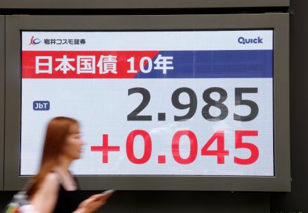 長期金利の指標となる新発10年債の利回りが一時2・985%をつけたことを示すモニター=1日午前、東京都中央区