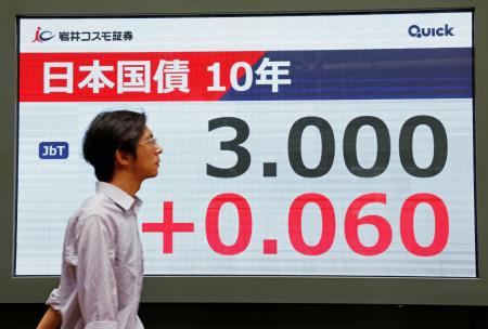 長期金利の指標となる新発10年債の利回りが一時3・000%をつけたことを示すモニター=1日午後、東京都中央区