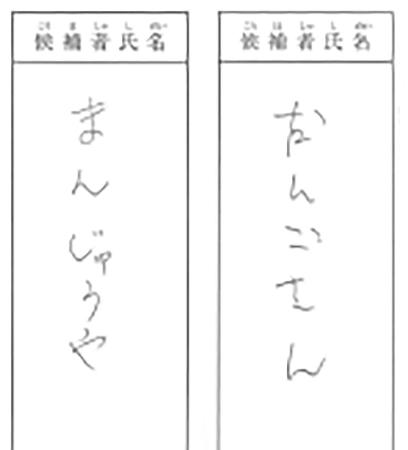 昨年１１月の茨城県神栖市長選で「まんじゅうや」「だんごさん」と記載された２票の画像（茨城県選管提供）