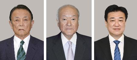 自民党の麻生太郎副総裁、鈴木俊一幹事長、木原稔官房長官