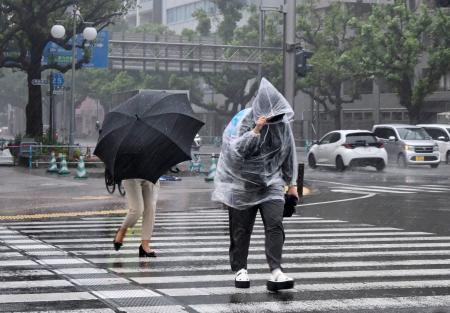激しい雨に見舞われた宮崎市内を歩く人たち＝４日午後