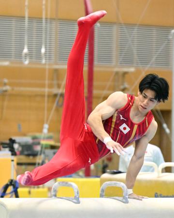 試技会のあん馬で演技する橋本大輝＝東京都内