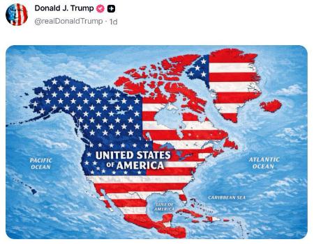 星条旗の柄に色づけされたデンマーク自治領グリーンランド（右上）などの地図（トランプ米大統領のＳＮＳから、共同）