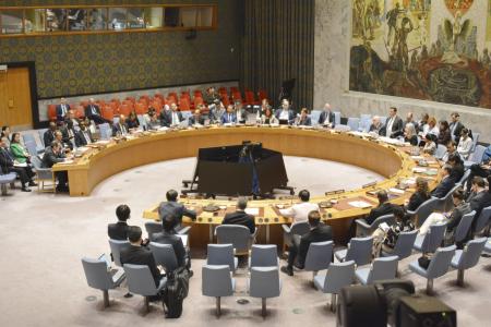 北朝鮮への対応を協議する国連安全保障理事会の会合＝２０２５年５月、米ニューヨークの国連本部（共同）