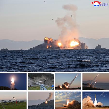 北朝鮮の軍部隊が行った多種類の兵器を投入した共同訓練＝１２日（朝鮮中央通信＝共同）