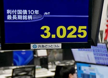 長期金利の指標となる新発10年債の利回りが一時3・025%をつけたことを示すモニター=15日午後、東京都港区の外為どっとコム