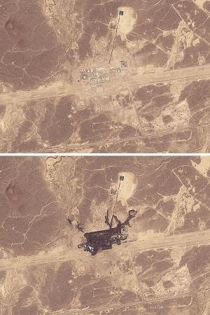 今月８日（上）と、被害を受けた後の１１日に撮影されたサウジアラビアを東西に貫く原油パイプライン施設の衛星写真（２０２６　Ｐｌａｎｅｔ　Ｌａｂｓ　ＰＢＣ提供、ロイター＝共同）