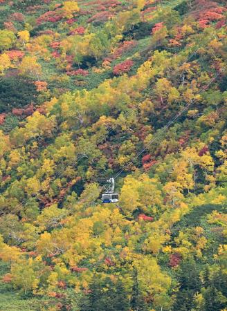 紅葉が見頃を迎えた北海道・大雪山系旭岳＝１９日午前（共同通信社ヘリから）