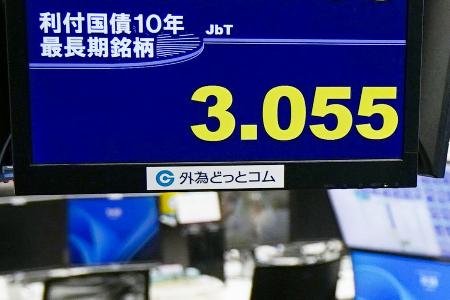 長期金利の指標となる新発10年債の利回りが一時3・055%を付けたモニター=24日午前、東京都港区の外為どっとコム