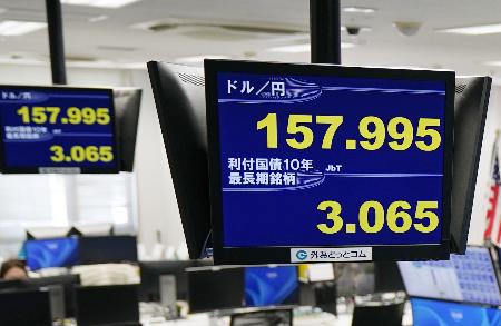 円相場(上)と長期金利の指標となる新発10年債の利回りが一時3・065%をつけたことを示すモニター=24日午後、東京都港区の外為どっとコム