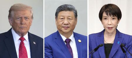 左からトランプ米大統領（ゲッティ＝共同）、中国の習近平国家主席（タス＝共同）、高市早苗首相