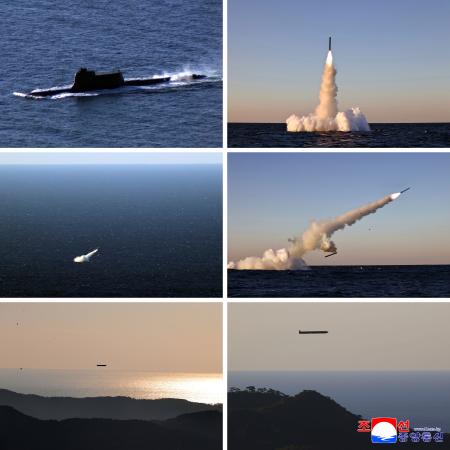 北朝鮮のミサイル総局が日本海で行った潜水艦発射型の戦略巡航ミサイルの試射＝１４日（朝鮮中央通信＝共同）