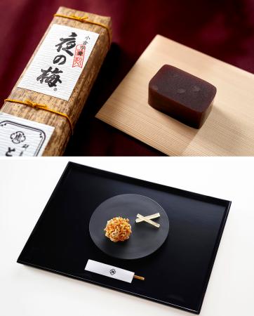 　虎屋定番の小倉羊羹「夜の梅」（上）、１０月に「ＴＯＲＡＹＡ　ＧＩＮＺＡ」で限定販売のきんとん製「木犀花（もくせいか）」（提供写真）