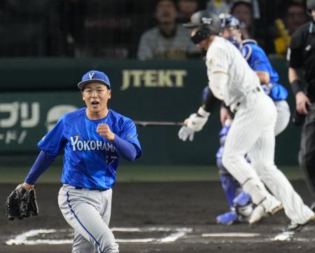 6回阪神1死、立石を空振り三振に仕留め、ガッツポーズするDeNA・片山=甲子園