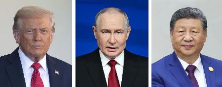 トランプ米大統領(ゲッティ=共同)、ロシアのプーチン大統領(タス=共同)、中国の習近平国家主席(タス=共同)
